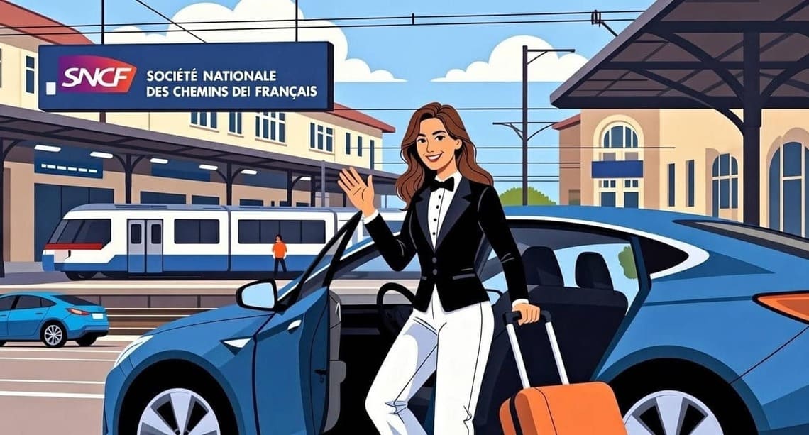 Femme de 28 ans, style moderne et souriant, accueillant des touristes à la gare de barritz