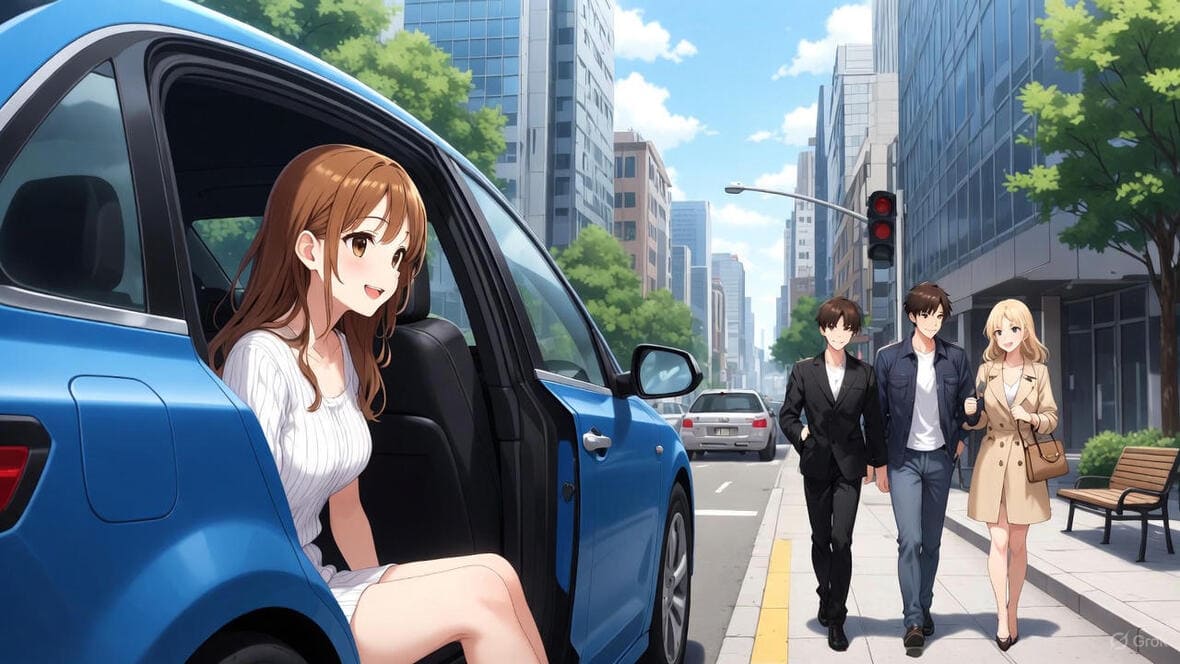 Clientèle descendant d’une voiture de transport privé en ville, illustration d’un service de taxi et chauffeur.