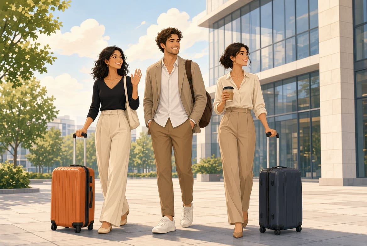 Three young smiling business travelers walk on a modern esplanade with suitcases, illustrating a premium Taxi welcome and easy travel seminar, event on biarritz group taxi pick up